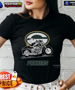 Alt Text: Original Snoopy and Woodstock driving a motorbike on a Green Bay Packers ladies tee shirt.