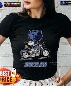 Alt Text: Original Snoopy and Woodstock driving a motorbike on Memphis Grizzlies ladies tee shirt design.