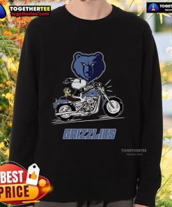 Original Snoopy and Woodstock driving a motorbike on a Memphis Grizzlies sweatshirt, perfect for fans and collectors.