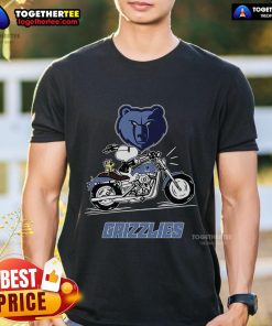 Alt Text: Original Snoopy and Woodstock driving motorbike on Memphis Grizzlies T-Shirt, vibrant design for fans.