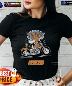 Snoopy and Woodstock driving a motorbike on a New York Knicks ladies tee, showcasing a fun and colorful design.