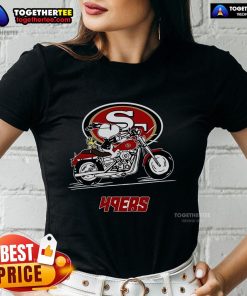 Original Snoopy and Woodstock driving a motorbike on a San Francisco 49ers ladies tee design.