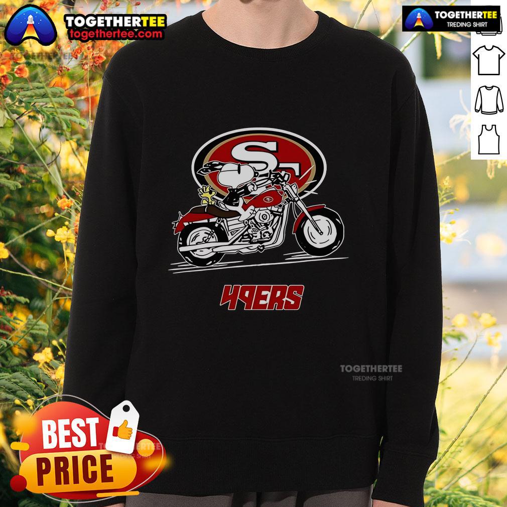 Original Snoopy And Woodstock Driving Motorbike San Francisco 49Ers Sweatshirt Alt Text: Original Snoopy and Woodstock driving a motorbike on a San Francisco 49ers sweatshirt design.