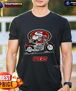 Alt Text: Original Snoopy and Woodstock driving motorbike on San Francisco 49ers T-Shirt, perfect for fans and collectors.