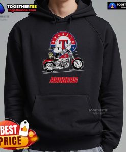 Original Snoopy and Woodstock driving a motorbike on a Texas Rangers hoodie, showcasing playful cartoon design.