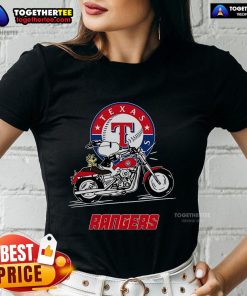 Alt Text: Snoopy and Woodstock riding a motorbike on a Texas Rangers ladies tee, showcasing fun and playful design.