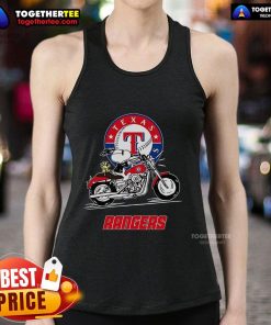 Snoopy and Woodstock driving a motorbike on a Texas Rangers tank top, showcasing a fun cartoon design.