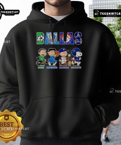 Peanuts hoodie featuring Dallas Stars, Mavericks, Rangers, and Cowboys logos in vibrant colors for sports fans.