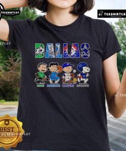 Peanuts Dallas Stars Mavericks Rangers Cowboys ladies tee featuring playful graphic design and vibrant colors for fans.