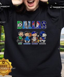 Cozy sweatshirt featuring Peanuts characters and logos of Dallas Stars, Mavericks, Rangers, and Cowboys.