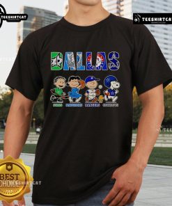 Peanuts Dallas Stars Mavericks Rangers Cowboys T-Shirt featuring iconic characters supporting Texas sports teams.