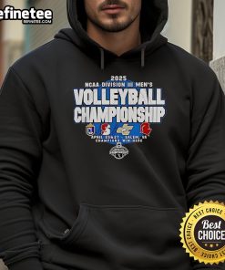 Premium 2025 NCAA DIII Men's Volleyball Championship hoodie featuring Cal Lutheran, Springfield, Juniata, and Southern VA logos.