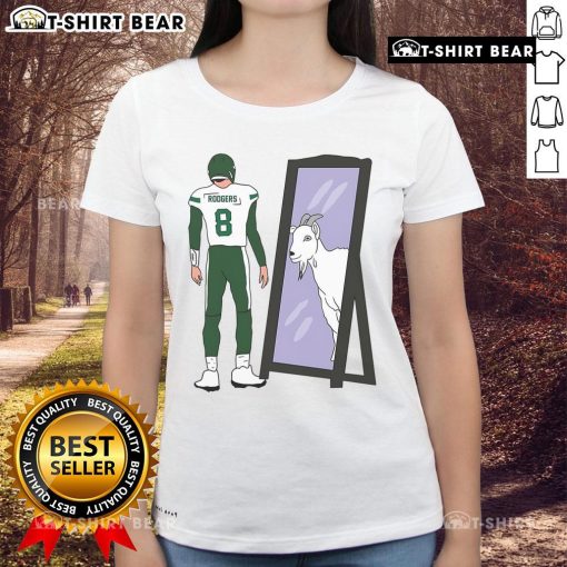 Premium Aaron Rodgers Mirror GOAT New York Jets Ladies Tee featuring stylish design for female fans of football.