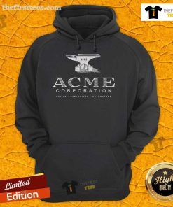 Alt Text: Premium ACME Corporation hoodie featuring an anvil and explosives detonator graphic, perfect for fans of quirky apparel.