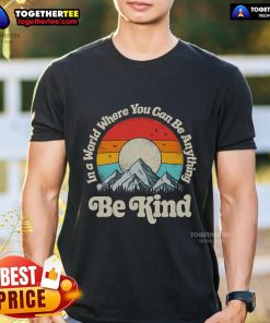 Alt Text: Premium 'Be Kind In A World Where You Can Be Anything' retro sunset t-shirt showcasing kindness and positivity.