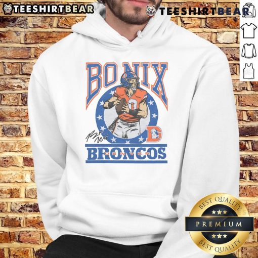 Premium Broncos Bo Nix signature hoodie featuring team colors and logo, perfect for fans and game day wear.