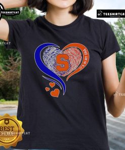 Premium Fingerprint Heart 'It's In My DNA' Syracuse Orange Ladies Tee showcasing vibrant team colors and stylish design.