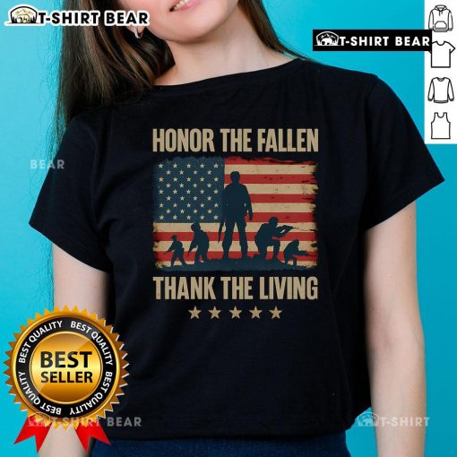 Premium Honor The Fallen Thank The Living America Flag Ladies Tee featuring a patriotic design and comfortable fit.