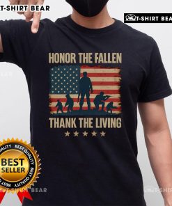 Alt Text: Premium Honor The Fallen Thank The Living America Flag T-Shirt featuring a patriotic design with a vibrant flag.