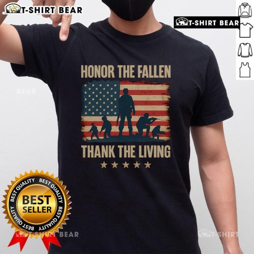 Alt Text: Premium Honor The Fallen Thank The Living America Flag T-Shirt featuring a patriotic design with a vibrant flag.