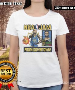 Alt Text: Premium NBA Jam Warriors Stephen Curry Ladies Tee featuring vibrant graphics and a stylish fit for fans.