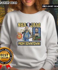 Alt Text: Premium NBA Jam Warriors Stephen Curry Sweatshirt featuring vibrant team colors and iconic player graphics.