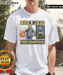 Alt Text: Premium NBA Jam Warriors Stephen Curry T-Shirt featuring vibrant graphics and comfortable fit for fans.