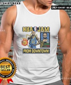 Premium NBA Jam Warriors Stephen Curry tank top featuring vibrant graphics and comfortable fit for fans and players.