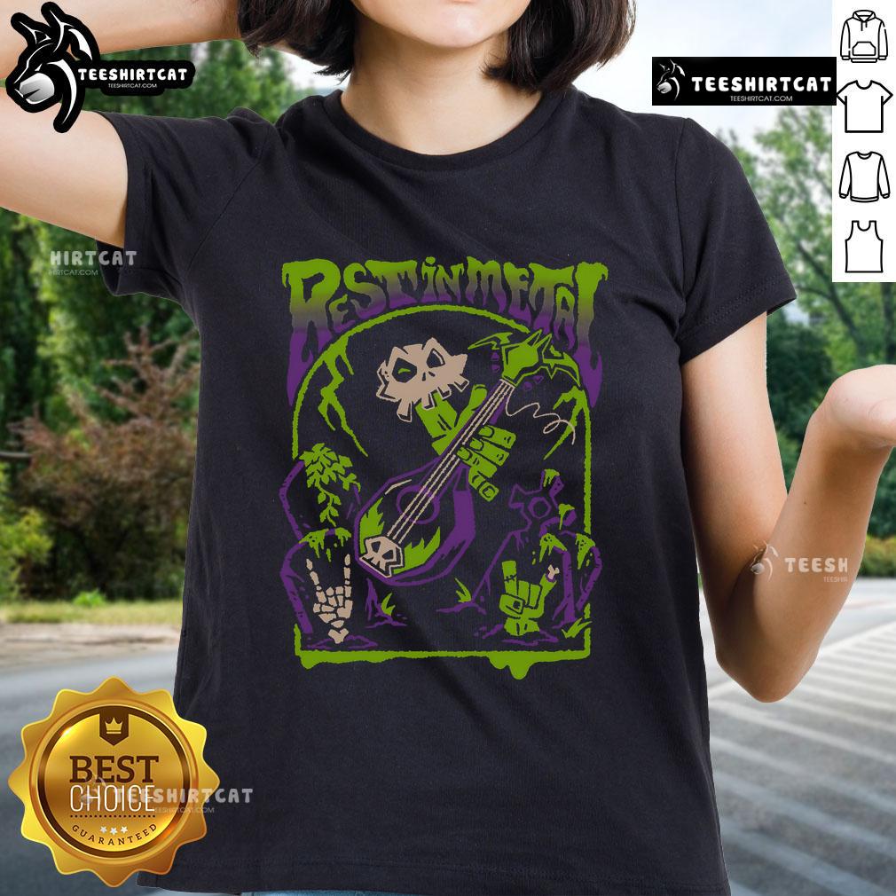 Premium Rest In Metal Skull Zombie Rock And Roll Shredfest Ladies Tee Premium Rest In Metal Skull Zombie Rock and Roll Shredfest Ladies Tee featuring a bold skull graphic and vibrant colors.