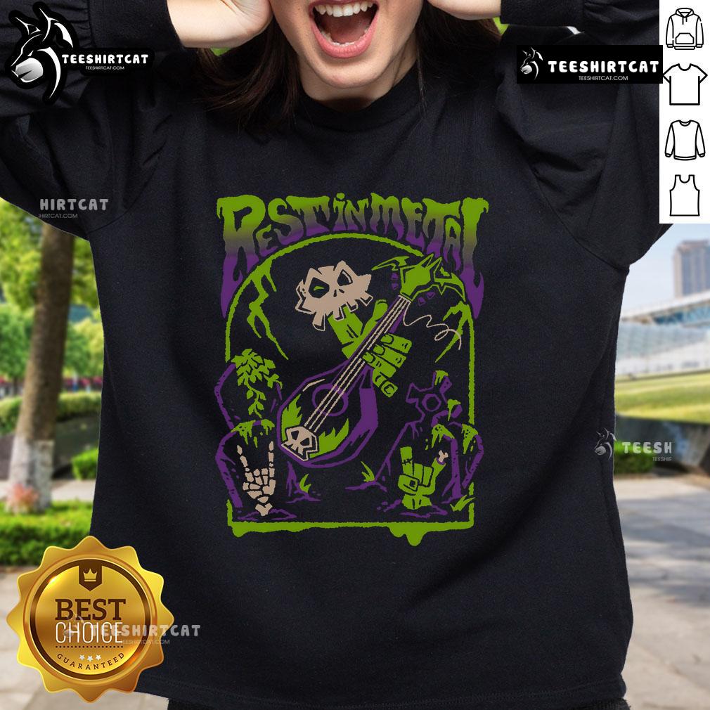 Premium Rest In Metal Skull Zombie Rock And Roll Shredfest Sweatshirt Premium Rest In Metal Skull Zombie Rock And Roll Shredfest Sweatshirt featuring a vibrant skull graphic.