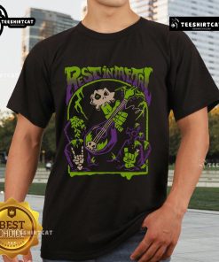 Premium Rest In Metal Skull Zombie Rock And Roll Shredfest T-Shirt featuring a bold skull design for rock enthusiasts.