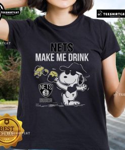 Alt Text: Premium Snoopy and Woodstock Brooklyn Nets Make Me Drink ladies tee showcasing vibrant graphics and stylish design.