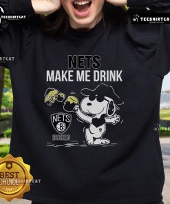 Alt Text: Premium Snoopy and Woodstock Brooklyn Nets sweatshirt featuring a fun Make Me Drink graphic design.