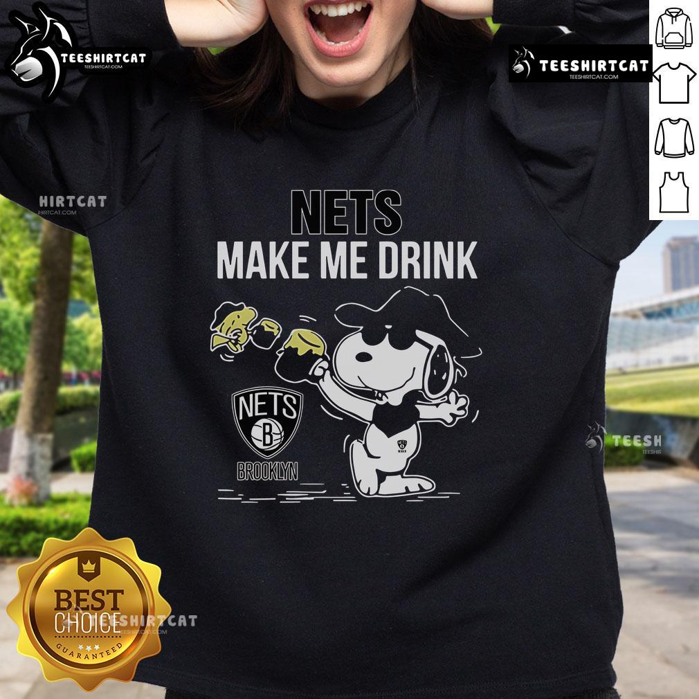 Premium Snoopy And Woodstock Brooklyn Nets Make Me Drink Sweatshirt Alt Text: Premium Snoopy and Woodstock Brooklyn Nets sweatshirt featuring a fun Make Me Drink graphic design.