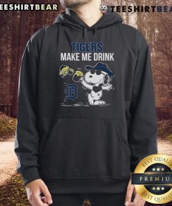 Premium Snoopy and Woodstock Detroit Tigers hoodie featuring a fun 'Make Me Drink' design for fans.