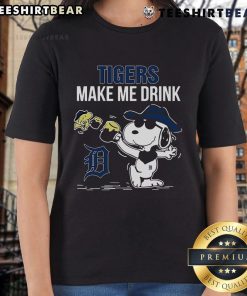 Premium Snoopy and Woodstock Detroit Tigers Make Me Drink Ladies Tee featuring playful graphics and vibrant colors.
