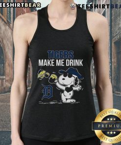 Alt Text: Premium Snoopy and Woodstock Detroit Tigers tank top featuring Make Me Drink design for stylish fans.