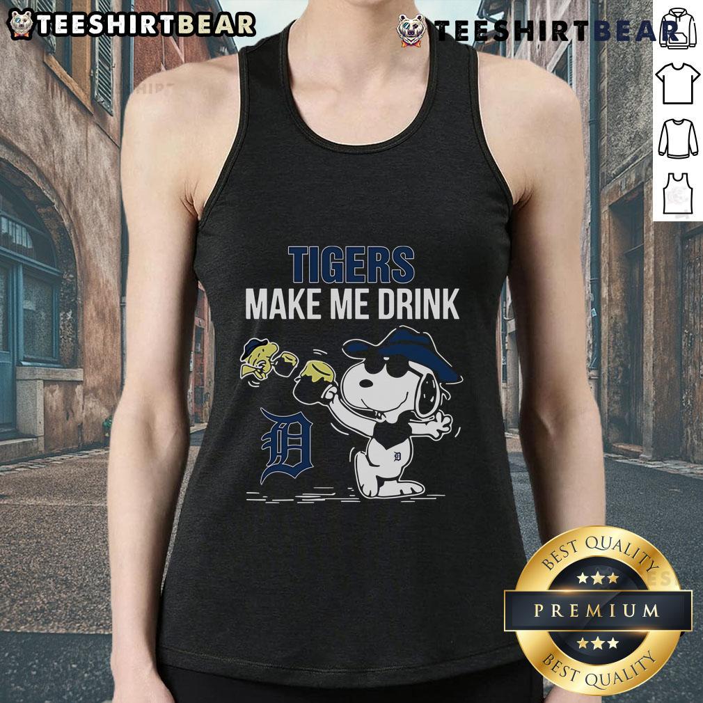 Premium Snoopy And Woodstock Detroit Tigers Make Me Drink Tank Top Alt Text: Premium Snoopy and Woodstock Detroit Tigers tank top featuring Make Me Drink design for stylish fans.