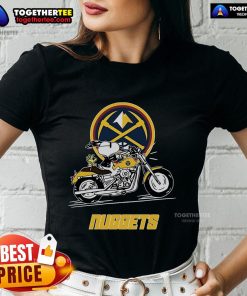 Premium Snoopy and Woodstock driving motorbike on Denver Nuggets ladies tee, perfect for fans and collectors.