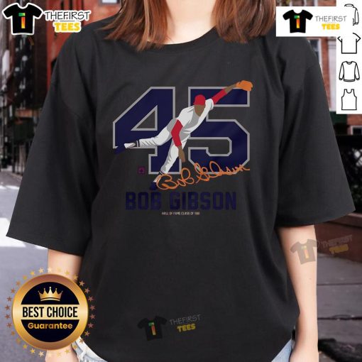Alt Text: Premium Teambrown Bob Gibson Baseball Hall of Fame Member Signature Ladies Tee featuring classic design and vibrant colors.