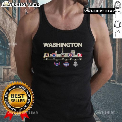 Premium Washington D.C. Sports History City of Champions tank top featuring iconic local sports team logos and vibrant design.