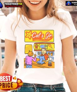 Alt Text: Pretty Cats Jr Charbroiled Birdies tee for ladies, featuring a playful cat design and the slogan 'Purrr-Fection Is Our Promise'.