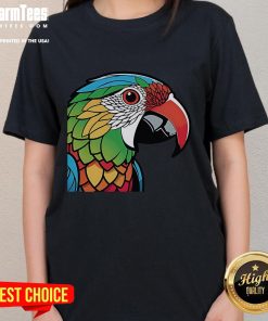 Alt Text: Colorful lovebird parrot doodle graphic on a women's tee, perfect for bird lovers and vibrant fashion enthusiasts.
