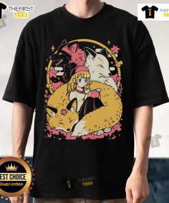 Pretty cozy foxes and a cute anime girl design on a trendy T-shirt, perfect for animal lovers and anime fans.