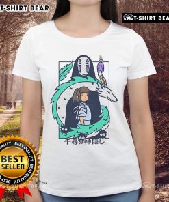 Pretty Ghibli Spirited Away Journey to Fantasy ladies tee featuring iconic characters and vibrant colors.