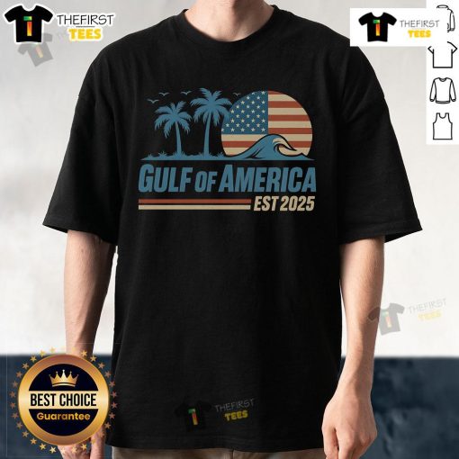 Retro vintage beach wave T-shirt featuring 'Pretty Gulf Of America Est 2025' design, perfect for summer vibes.