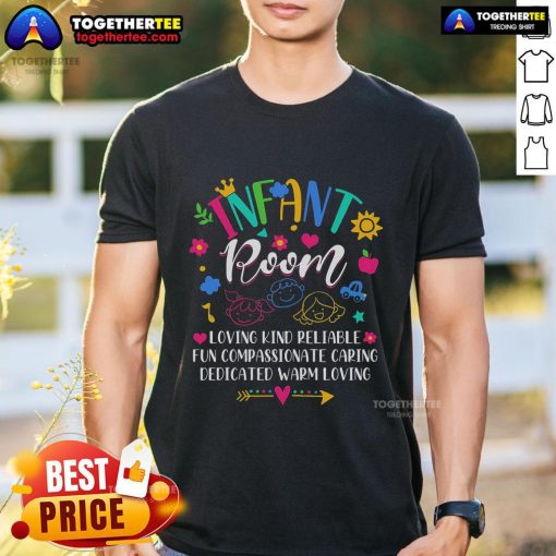 Alt Text: Daycare provider wearing a caring t-shirt in a pretty infant room, showcasing love and reliability for children.