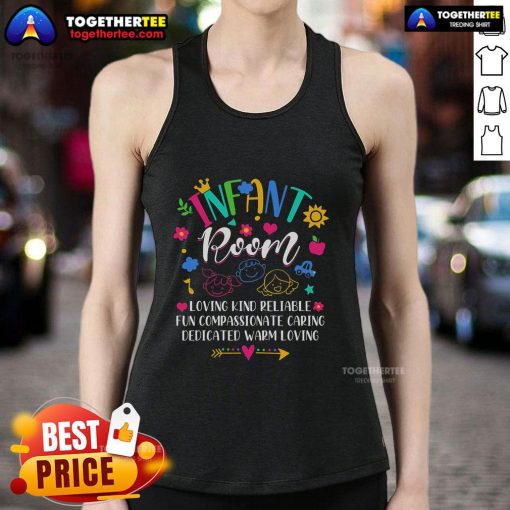 Caring daycare provider in tank top playing with infants in a bright, cheerful room, showcasing a loving environment.