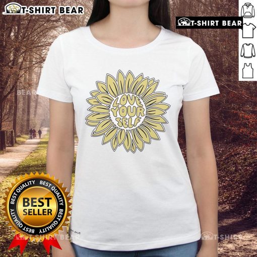 Pretty Levity Love Yourself Flower Ladies Tee featuring a vibrant floral design and empowering message for women.