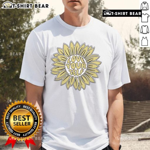 Pretty Levity Love Yourself Flower T-Shirt featuring vibrant floral design and uplifting message for self-love.